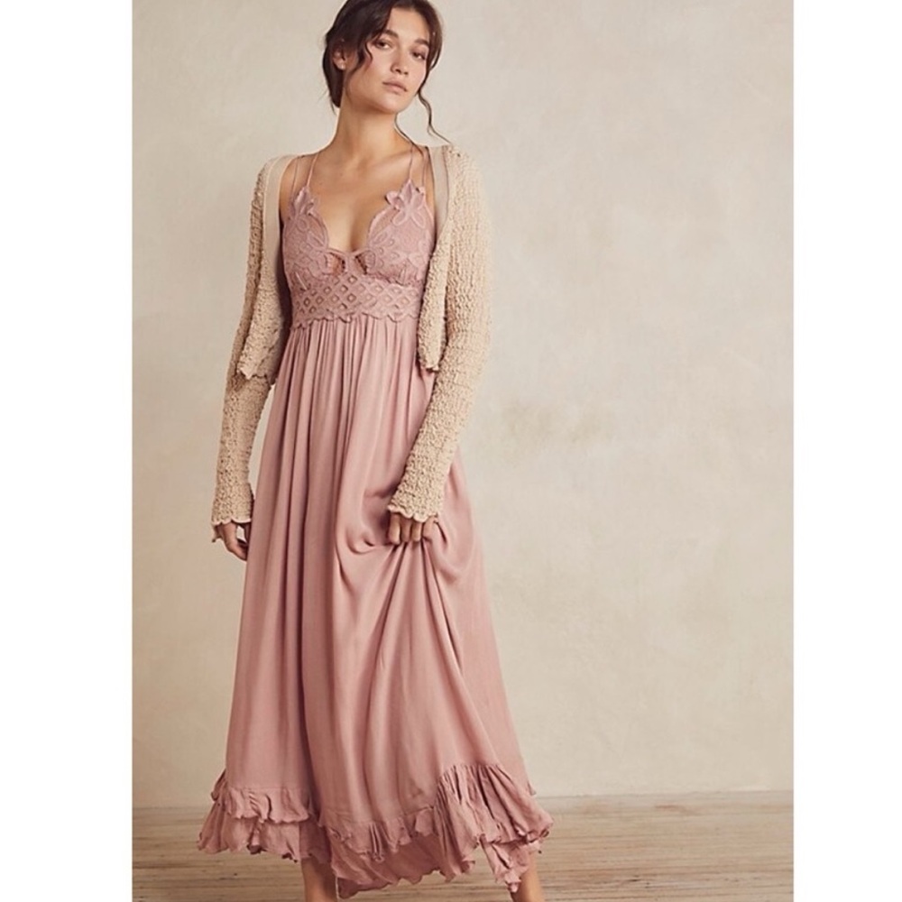 Free People Adella Maxi Floral Lace V-neck Strap Slip Back Dress Pink - Picture 2 of 6